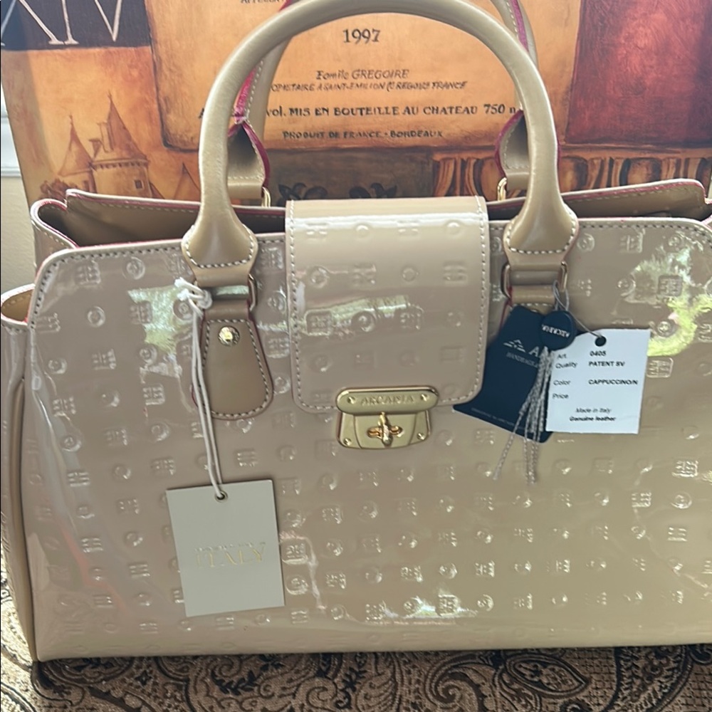 Giorgio Armani Tan Satchel Bag with Embossed Monogram